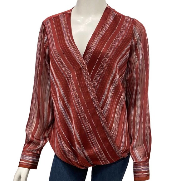 DKNY Crossover Top Rust Cream Blue Tunic Sheer Back Size S - Picture 1 of 7